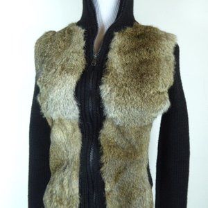 NORTHLAND black fur zip cardigan sweater jacket M